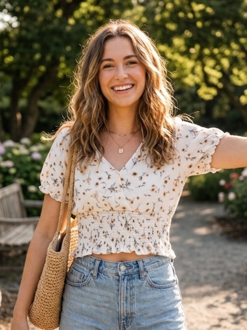Floral Smocked V‑Neck Crop Top - Cottagecore Prairie Milkmaid Romantic Breezy